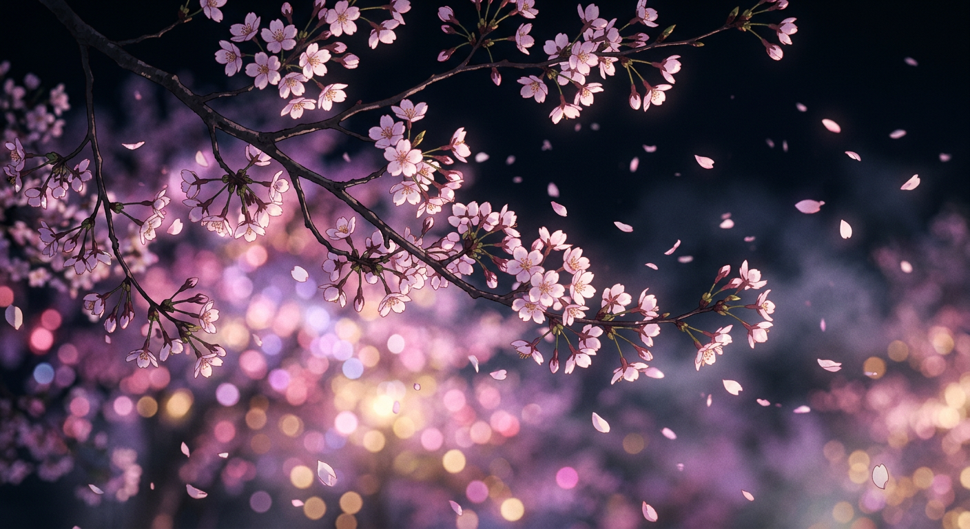 Cherry blossom branches in cinematic night light